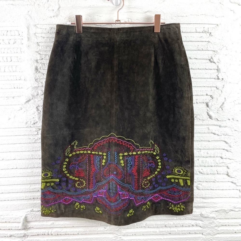 Clio Leather Vintage Pencil Skirt Lined Brown Suede Multicolor Embroidery Size S
